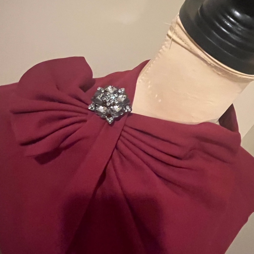 Maroon Bodycon High Draped Neck, Long Sleeve Modi Dress with Bow & Broach, small - Picture 2 of 7